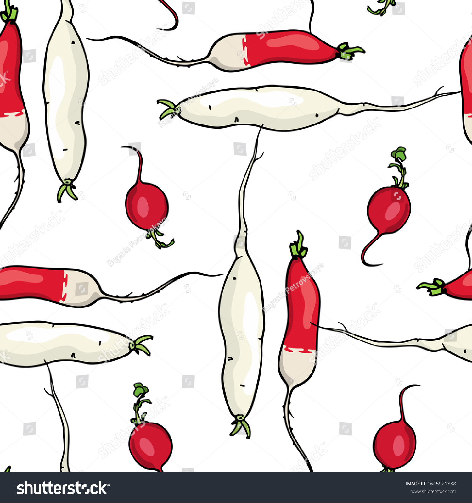 Vector seamless pattern with hand drawn French breakfast and White Icicle radish. Beautiful food design elements, ink drawing. Perfect for prints and patterns #1645921888
