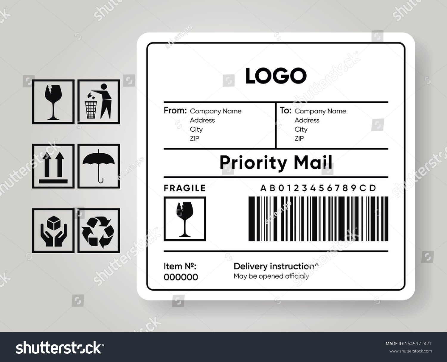 Shipment label template. Cargo sticker. Delivery bar code mockup. Fragile, handle, recycle icon. Information about company recipient. Priority mail with barcode mock up. Vector illustration #1645972471