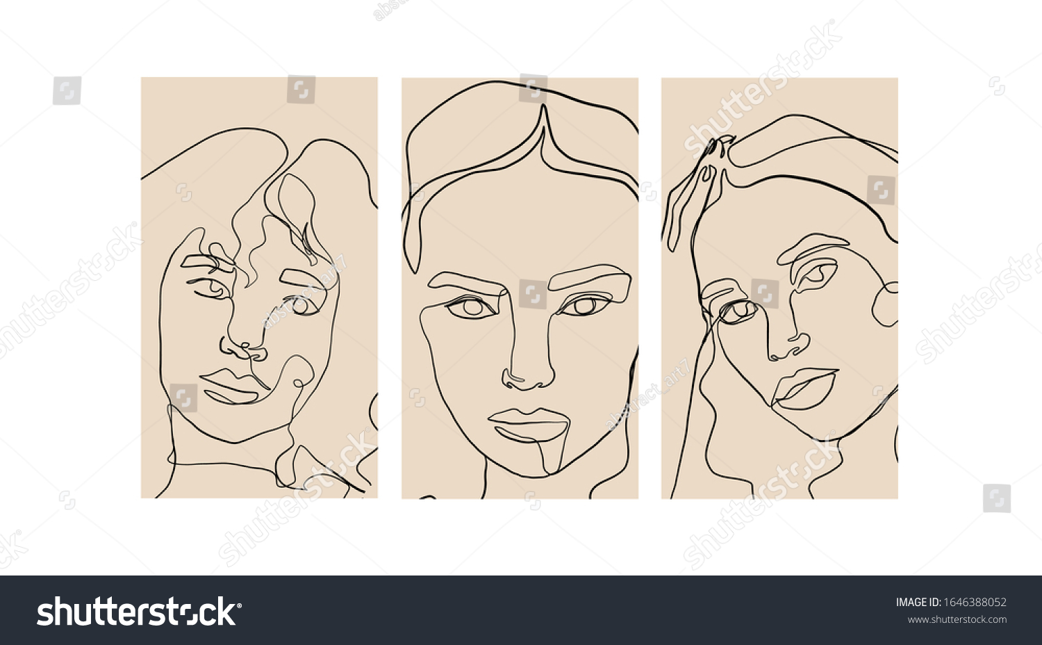 Trendy design templates for stories with portrait woman in abstract one line graphic style. Contemporary background for social media. Hand drawn vector #1646388052