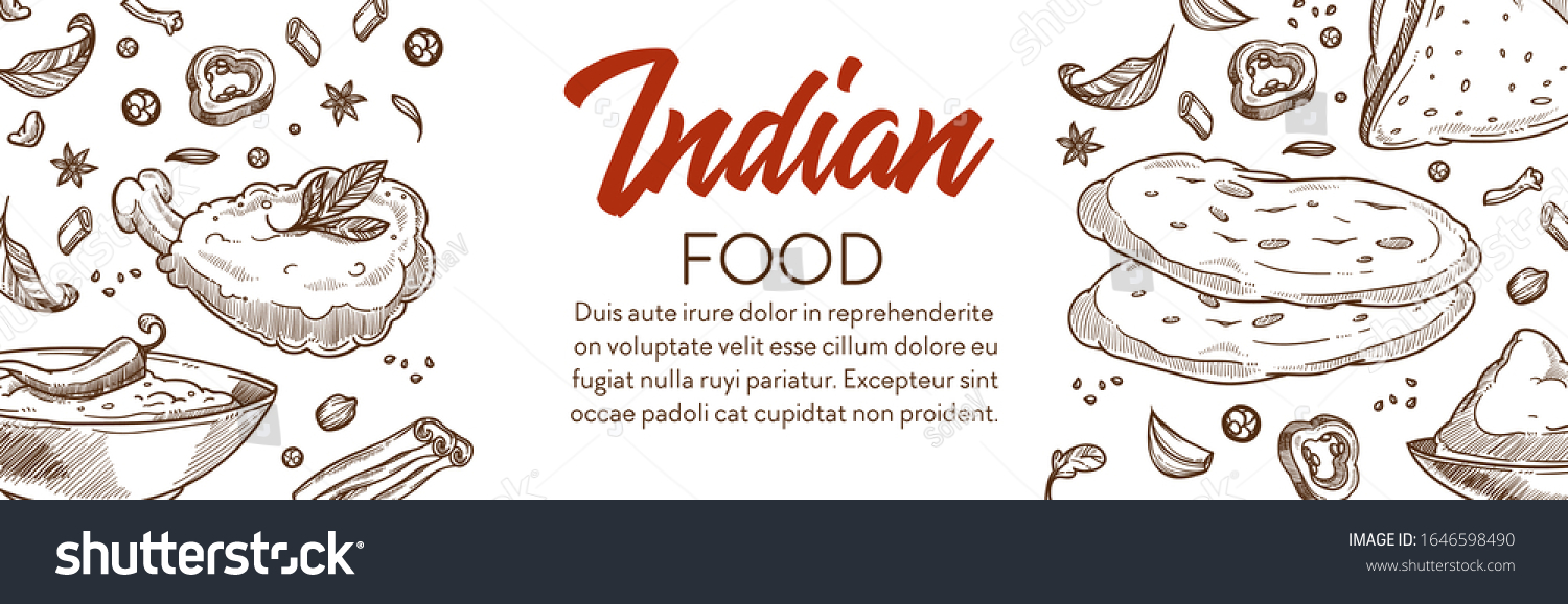 Indian food, cuisine banner. Masoor dal, spicy tandoori chicken, deep fried puri, crispy samosa with savoury filling, thick curry sauce, cinnamon sticks and chili pepper. Hand drawn illustrations. #1646598490