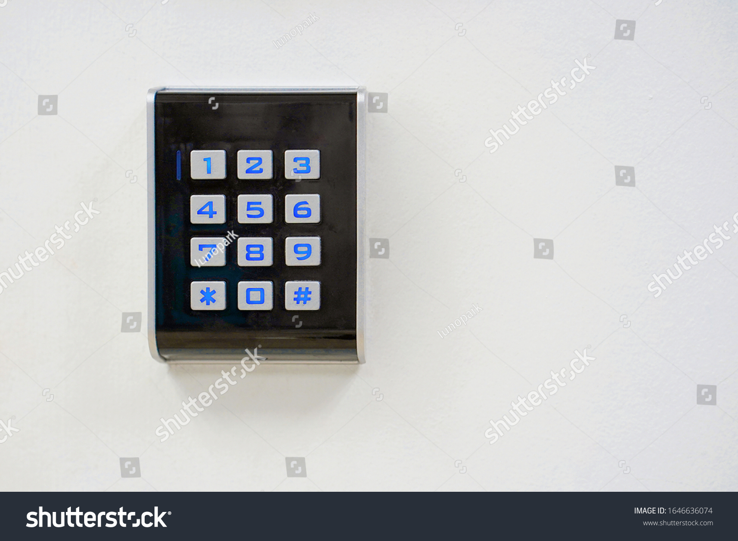 Secure password on keyboard for opening home house door. Password code Security keypad system protected in public building. Security code combination to unlock the door.                             #1646636074