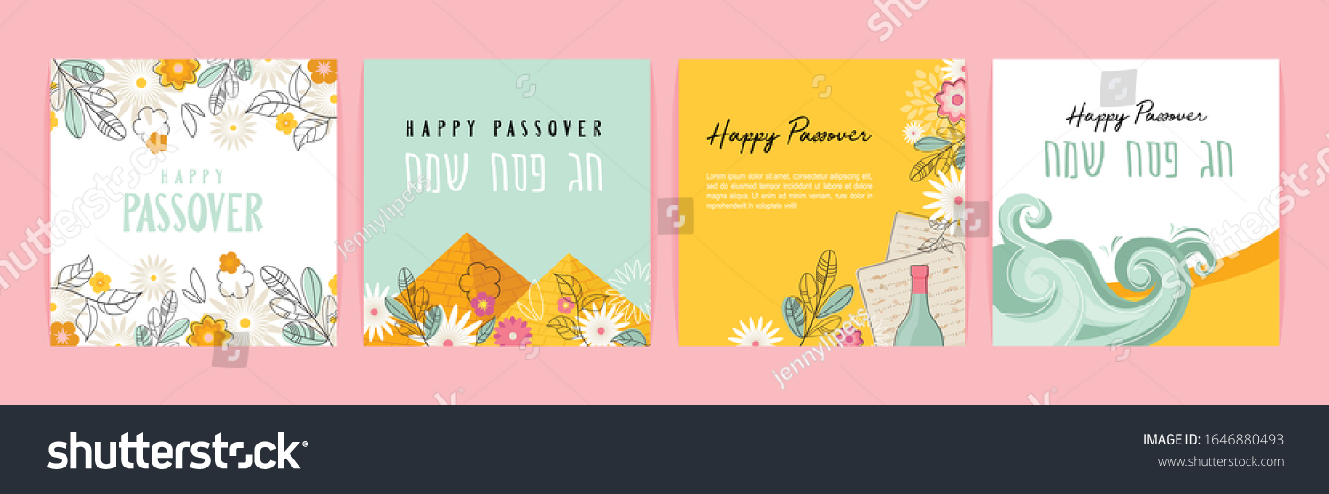 Passover greeting car set. Seder pesach invitation, greeting card template or holiday flyer. happy Passover in English and Hebrew. vector illustration #1646880493