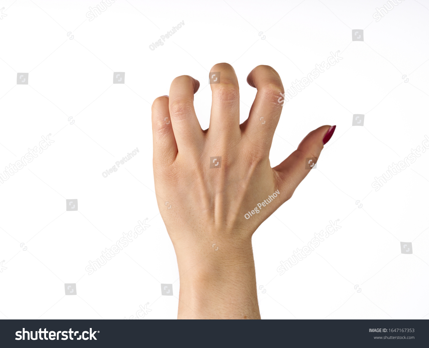 hand of a woman trying to reach or grab something. fling, touch sign. isolated on white background. #1647167353