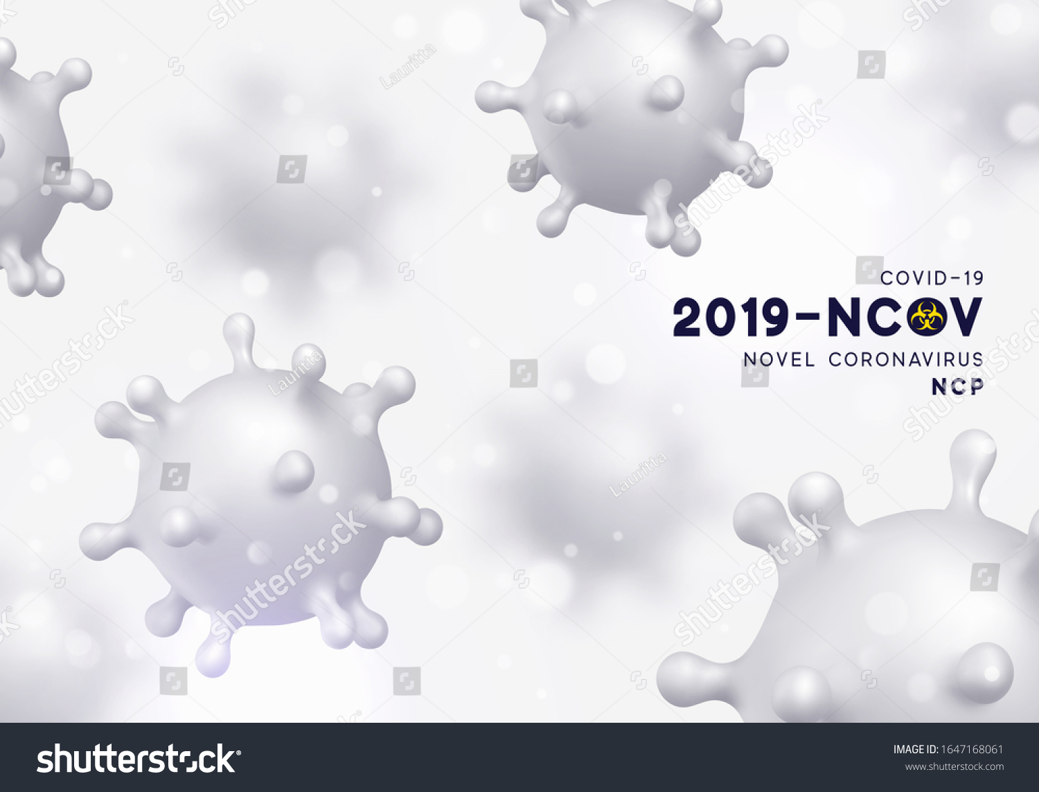Novel Coronavirus (2019-nCoV). Virus Covid 19-NCP. Coronavirus nCoV denoted is single-stranded RNA virus. Background with realistic 3d white virus cells. vector illustration #1647168061