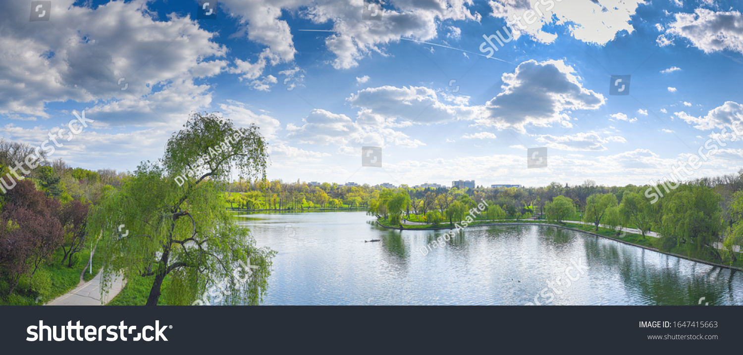 Panoramic view over Tineretului Park and Lake in Bucharest during a beautiful summer day #1647415663