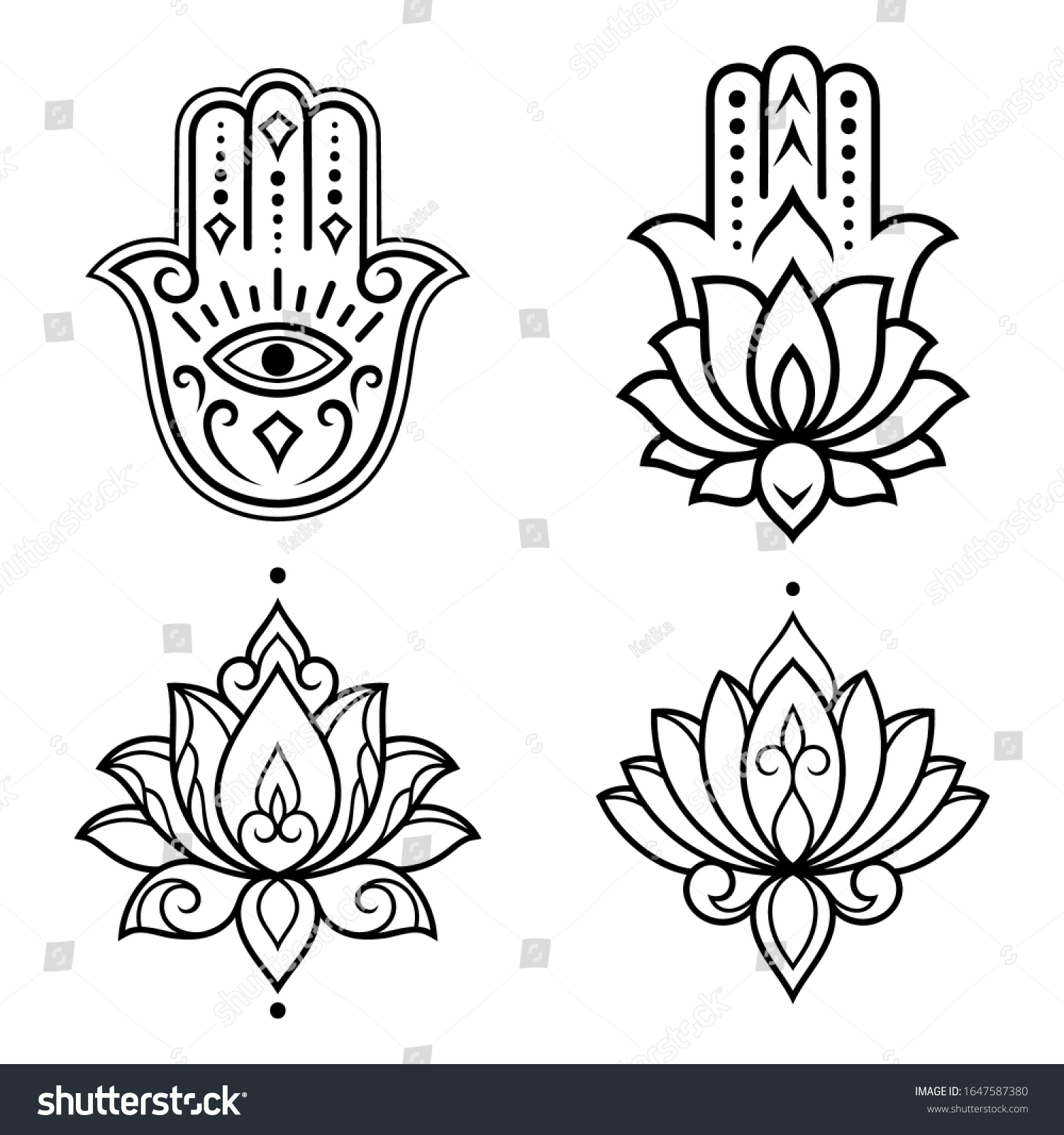Set of Hamsa hand drawn symbol with lotus flower. Decorative pattern in oriental style for interior decoration and henna drawings. The ancient sign of "Hand of Fatima". #1647587380