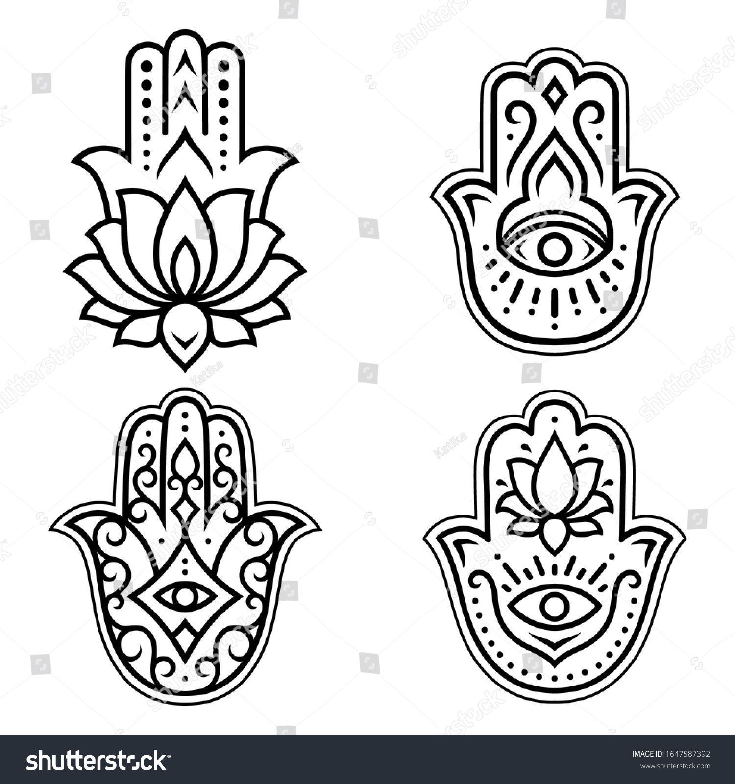 Set of Hamsa hand drawn symbol with lotus flower. Decorative pattern in oriental style for interior decoration and henna drawings. The ancient sign of "Hand of Fatima". #1647587392