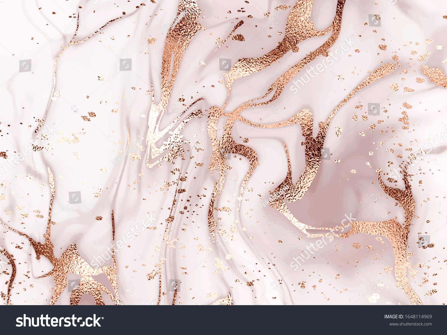 Liquid abstract marble painting background print with rose gold glitter splatter texture.