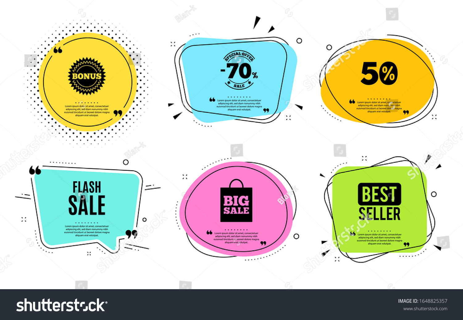 Flash Sale. Best seller, quote text. Special offer price sign. Advertising Discounts symbol. Quotation bubble. Banner badge, texting quote boxes. Flash sale text. Coupon offer. #1648825357