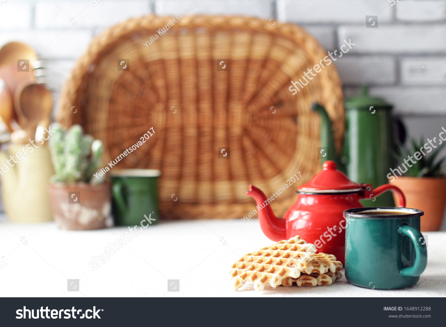 vintage teapot on rustic kitchen, cozy home and good morning concept #1648912288