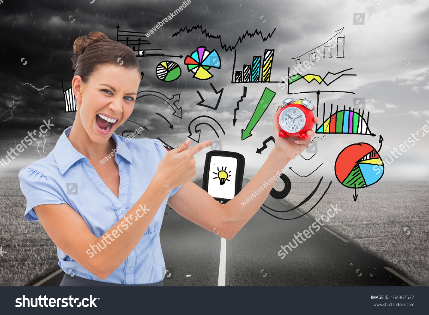 Composite image of businesswoman indicating alarm clock with finger #164967527