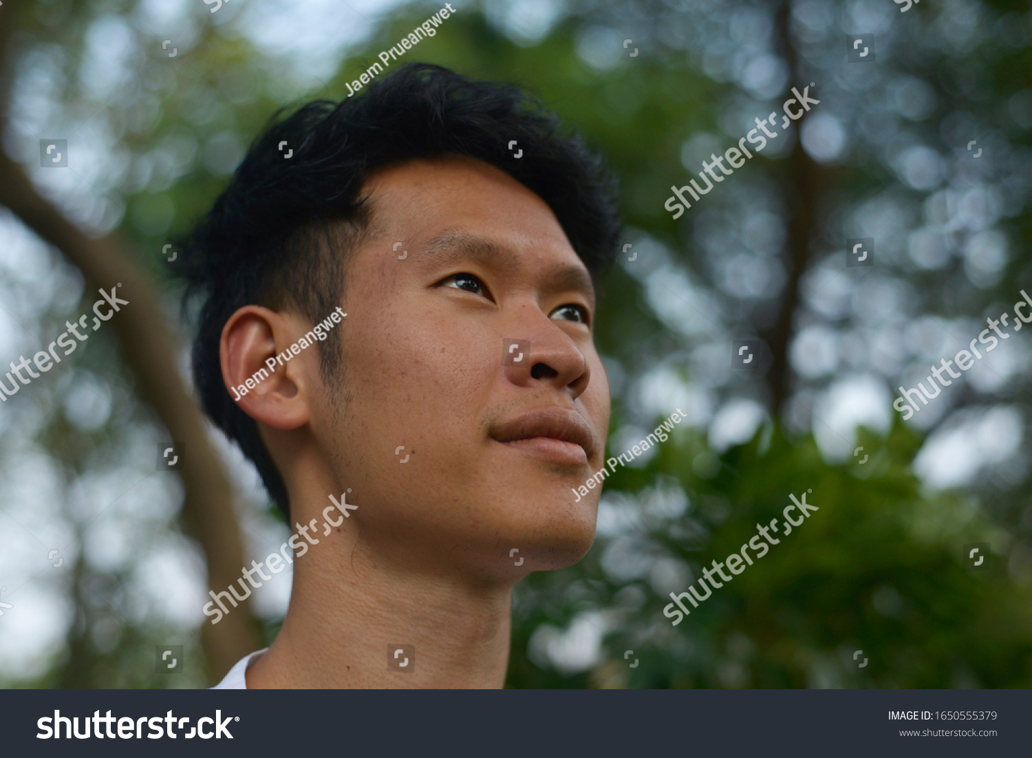 A portrait of Asian Thai man's face. He gives a 45 degree angle to the camera, eyes looks up  into the sky #1650555379