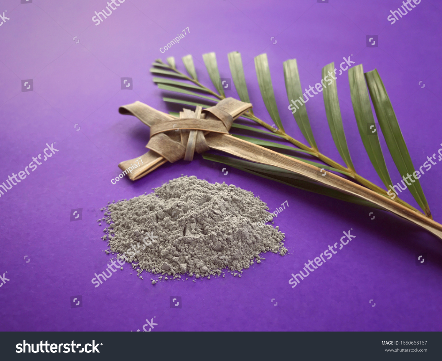 Good Friday, Palm Sunday, Ash Wednesday, Lent Season and Holy Week concept.  Christian crosses made of palm leaves and ashes on purple background. #1650668167