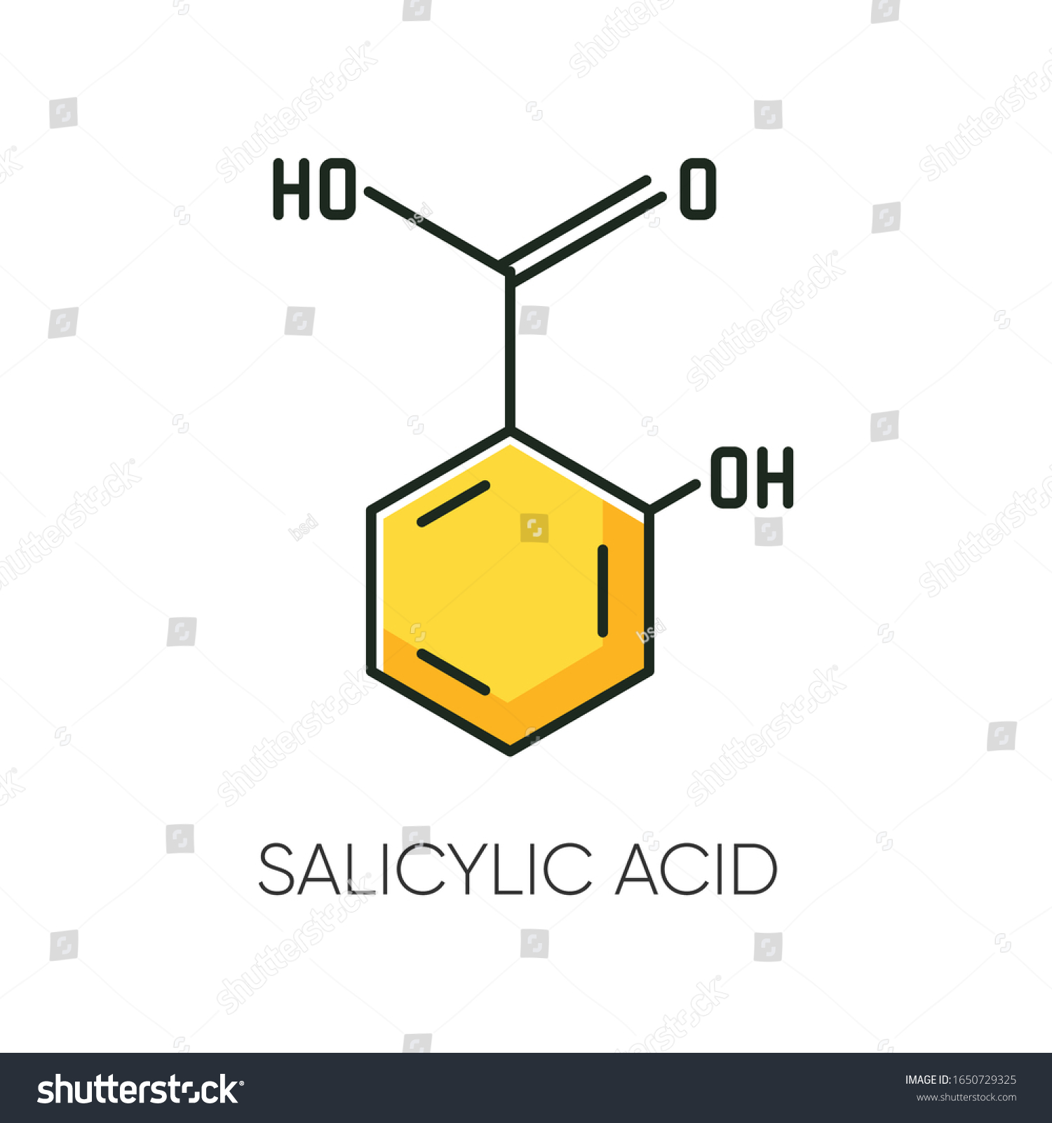 Salicylic acid RGB color icon. Chemical sequence. Molecular formula. Skincare component. Scientific research. Healthcare, cosmetology. Korean beauty. Cosmetic ingredient. Isolated vector illustration #1650729325