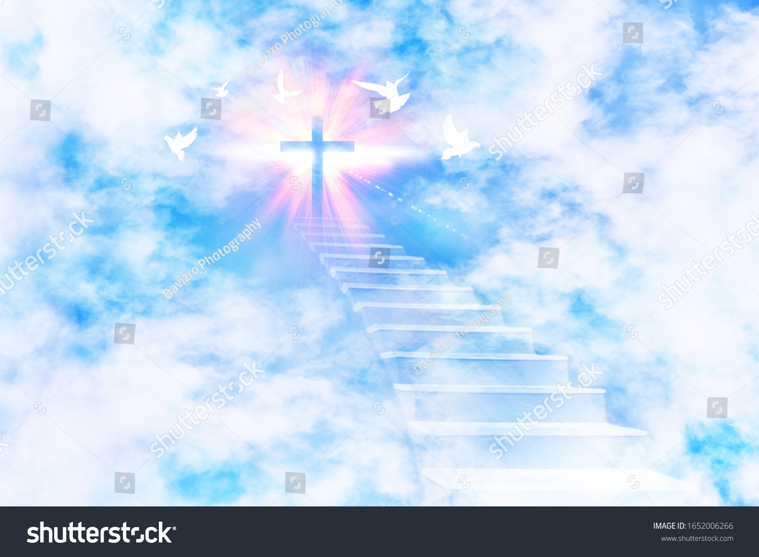 Stairs leading to the sky with a glittering cross and flying doves. Horizontal composition. #1652006266