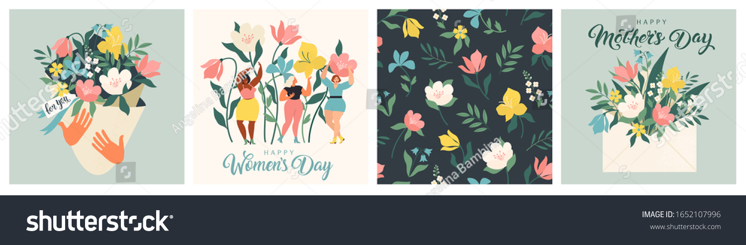 Happy Women's Day March 8! Cute cards and posters for the spring holiday. Vector illustration of a date, a women and a bouquet of flowers! #1652107996