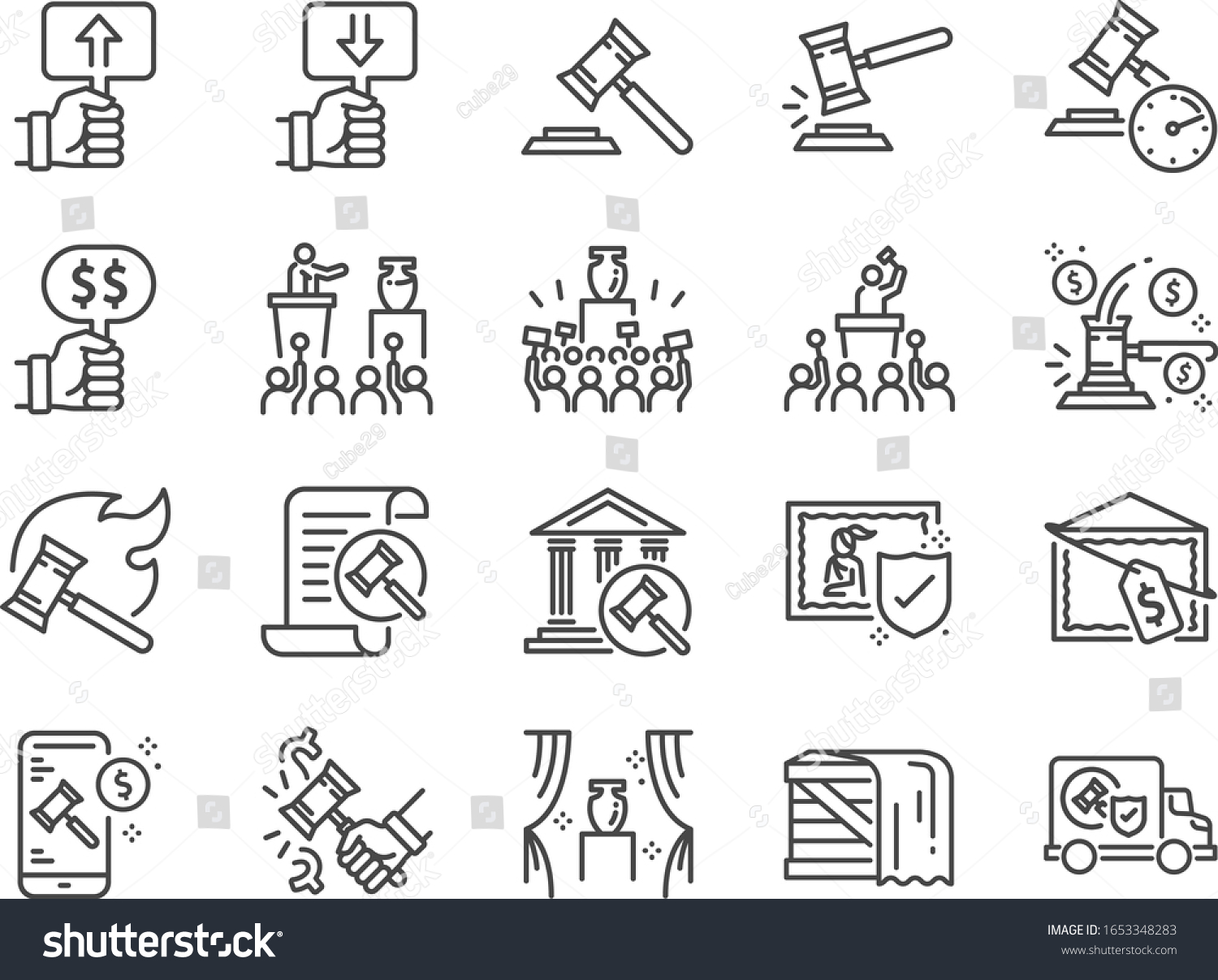 Auction line icon set. Included icons as hammer, price, bidding, judge, auction hammer, painting, deal and more. #1653348283