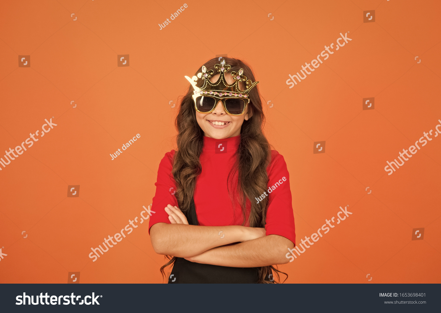 Confident big boss. Small girl keep arms crossed with confidence. Little child with confident look. Confident kid wear prop crown and glasses. School prom. Beauty queen. Confident and proud. #1653698401