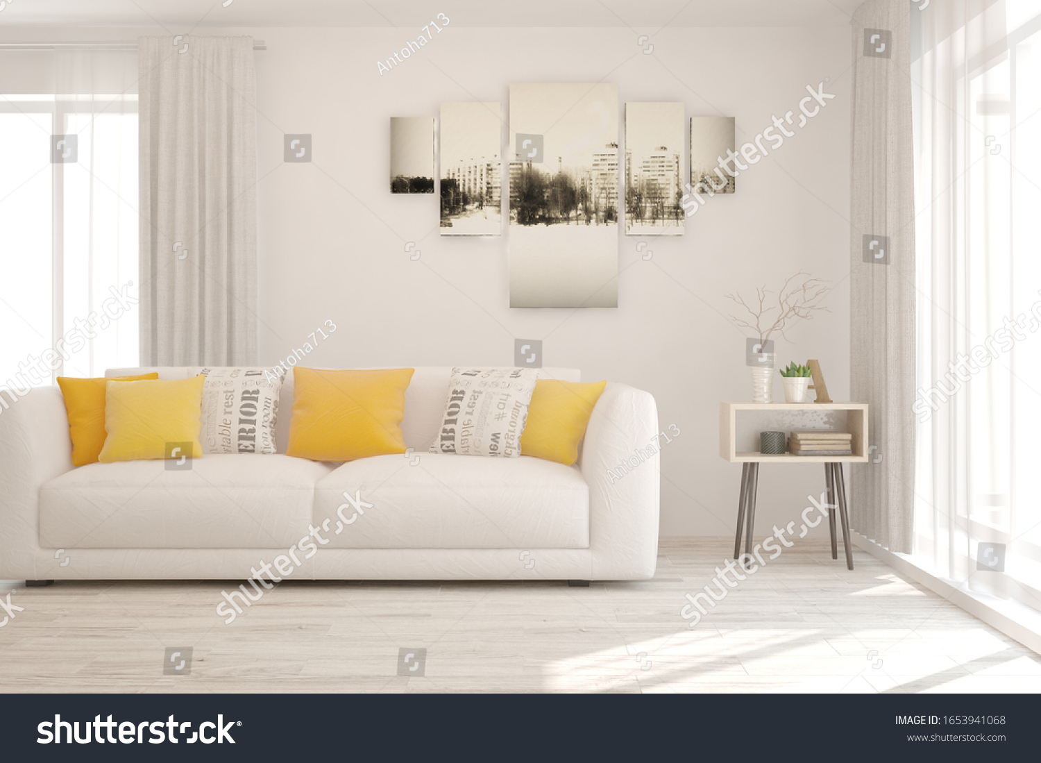 White living room with sofa. Scandinavian interior design. 3D illustration #1653941068