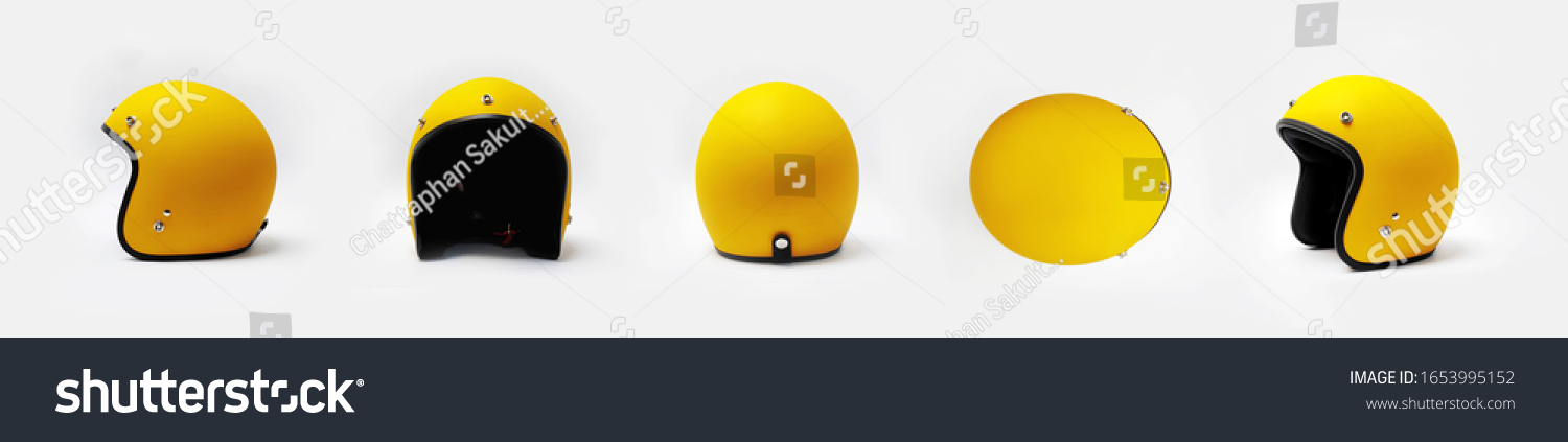 Yellow motorcycle helmet on a white background, front, back, side,top. #1653995152