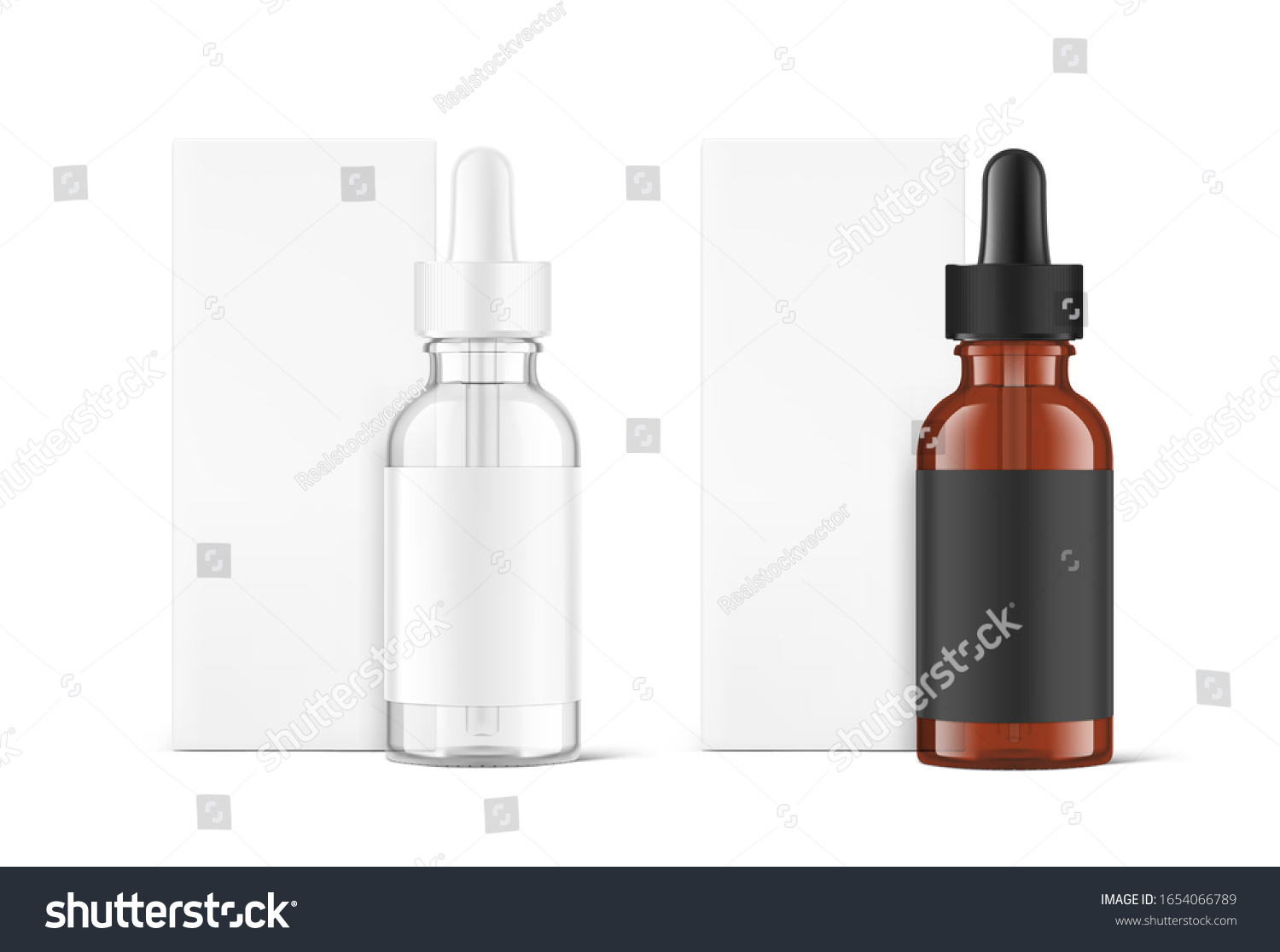 Realistic cardboard packaging box mockup with dropper bottle mockup isolated on white background.Vector illustration.  Сan be used for cosmetic, medical and other needs. EPS10. #1654066789