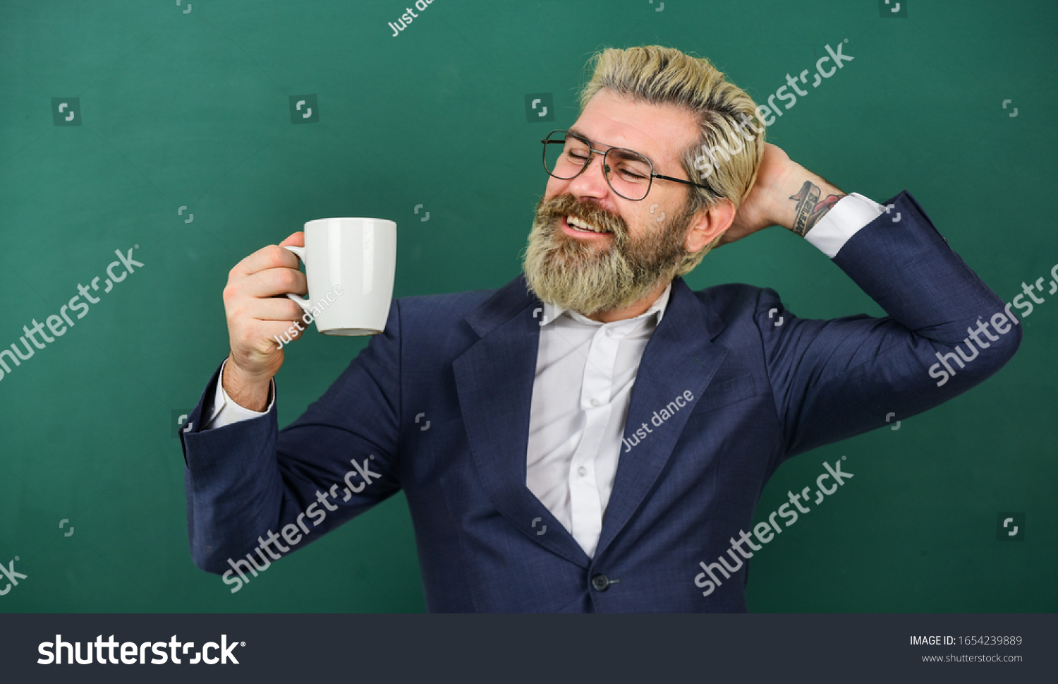 Keep calm and take break. Bearded man hold coffee cup. Enjoying school break. Happy teacher enjoy coffee break. Break time. Morning and breakfast. Resting and relaxing. Coffee boosts brain function. #1654239889