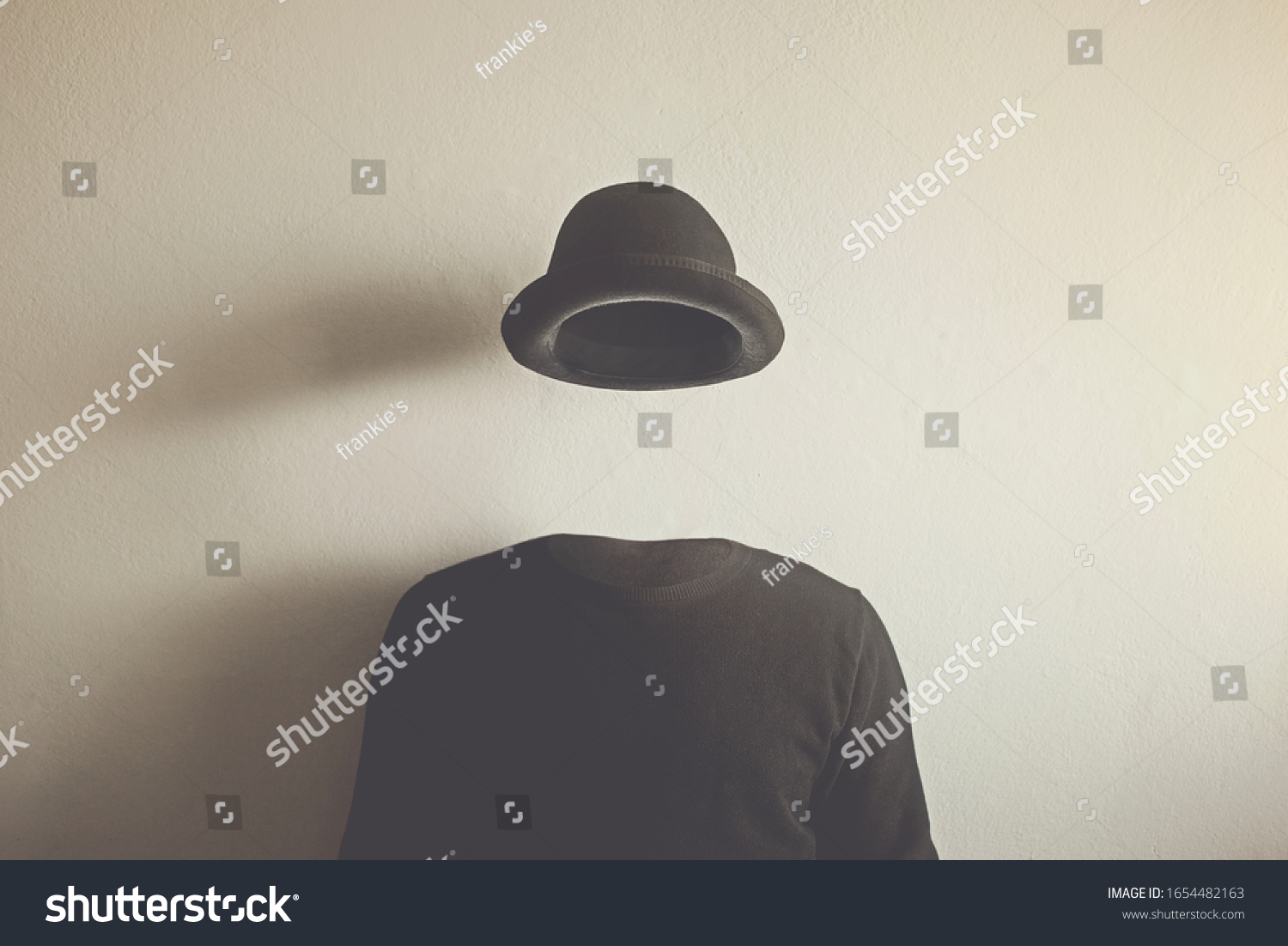 invisible man wearing black bowler, surreal concept of absence of identity #1654482163