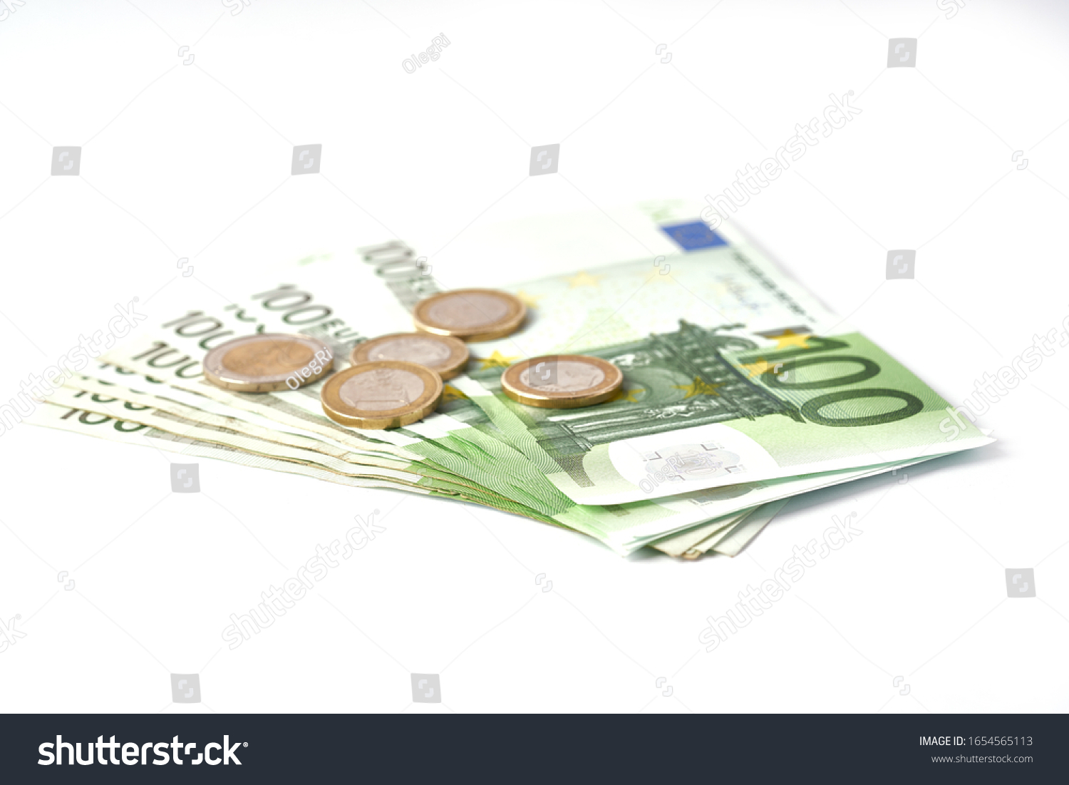 Money laundering on clothesline on light background. 100 eur notes. Banknotes and coins at white background #1654565113