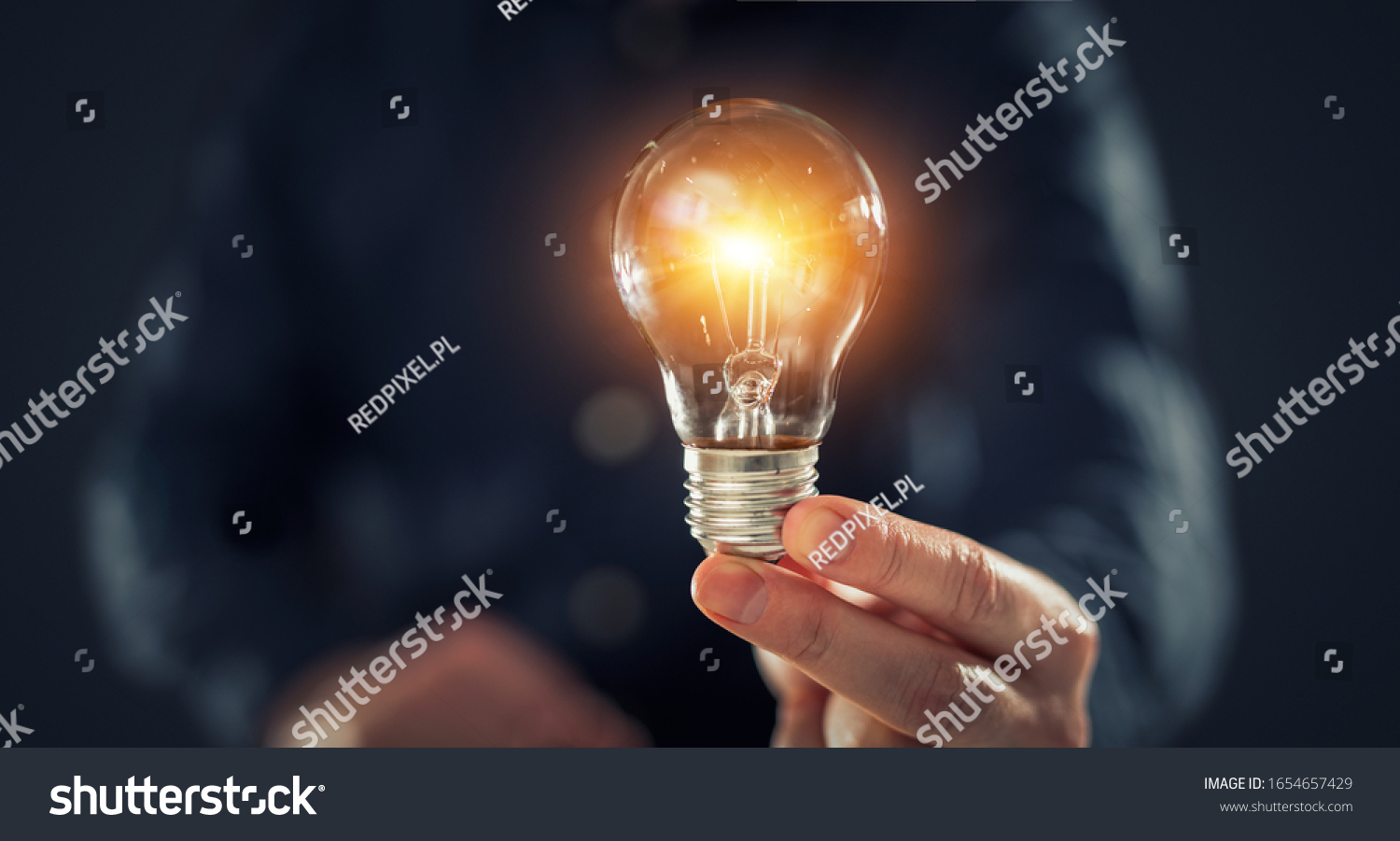 Creative new idea. Innovation, brainstorming, inspiration and solution concepts. The man is holding light bulb. Copy space background. #1654657429