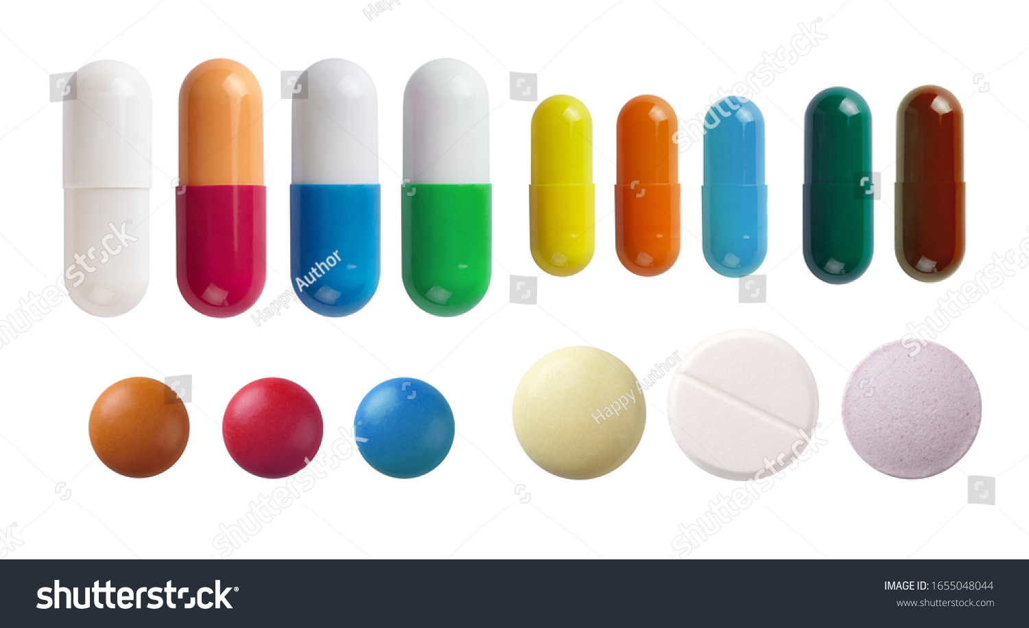 A set of different pills isolated on white background. #1655048044