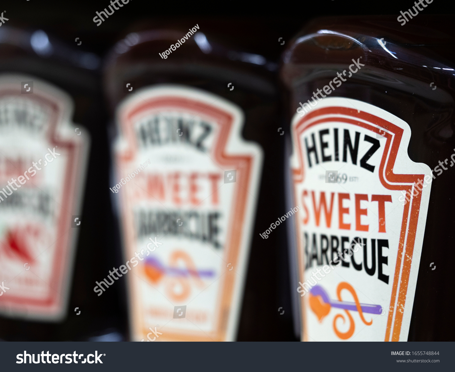 Kiev, Ukraine, February 25, 2020. Editorial illustrative.  Heinz Sweet Barbecue sauce on a shelf in a store #1655748844