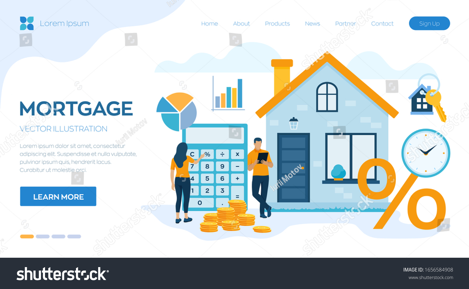 Mortgage concept. House loan or money investment to real estate. Property money investment contract. Buying Home. Man and woman calculates home mortgage rate. Vector illustration with characters. #1656584908