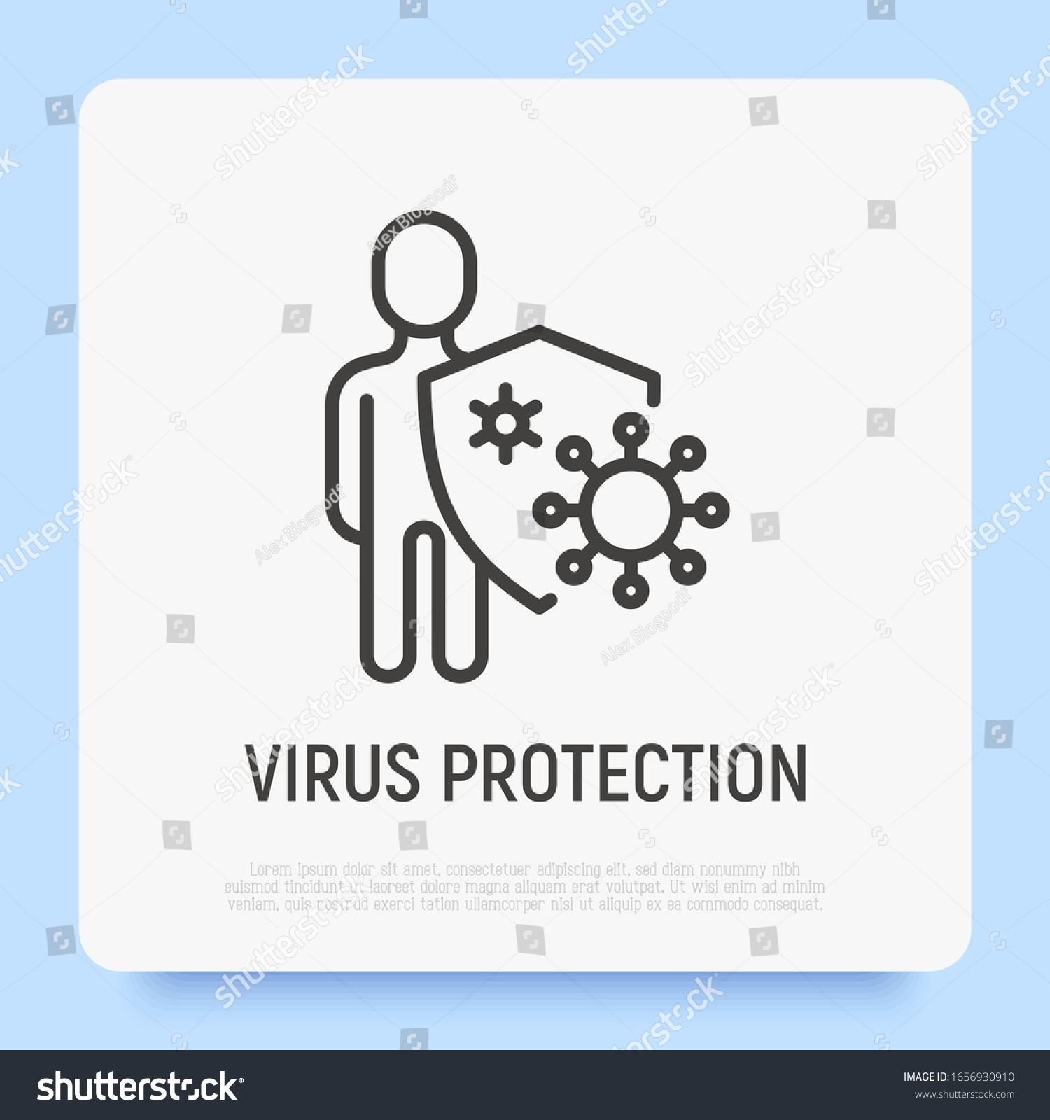 Virus protection: human is holding shield, bacterias can't attack him. Immune system, vaccination, antibiotics. Thin line icon. Modern vector illustration. #1656930910