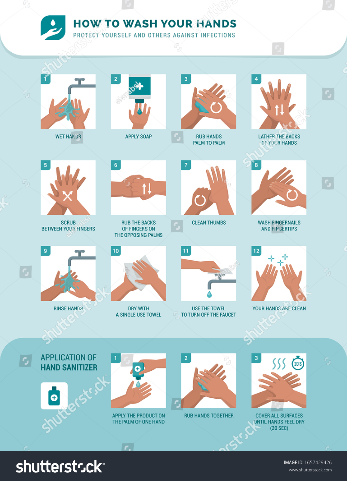 Personal hygiene, disease prevention and healthcare educational infographic: how to wash your hands properly step by step and how to use hand sanitizer #1657429426