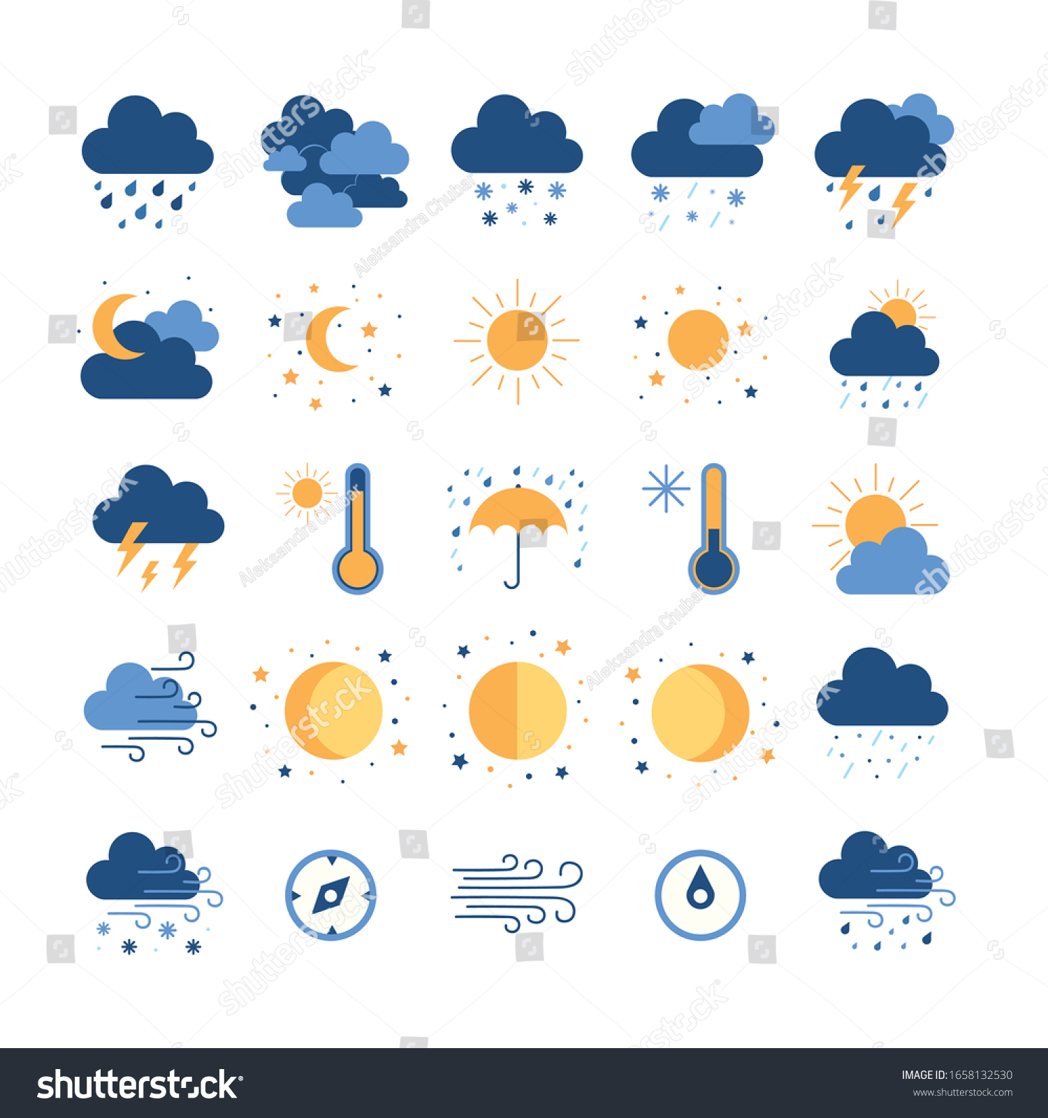 Set of simple outline icons - weather or forecast sings with clouds, snow, rain, , wind, sun and moon #1658132530