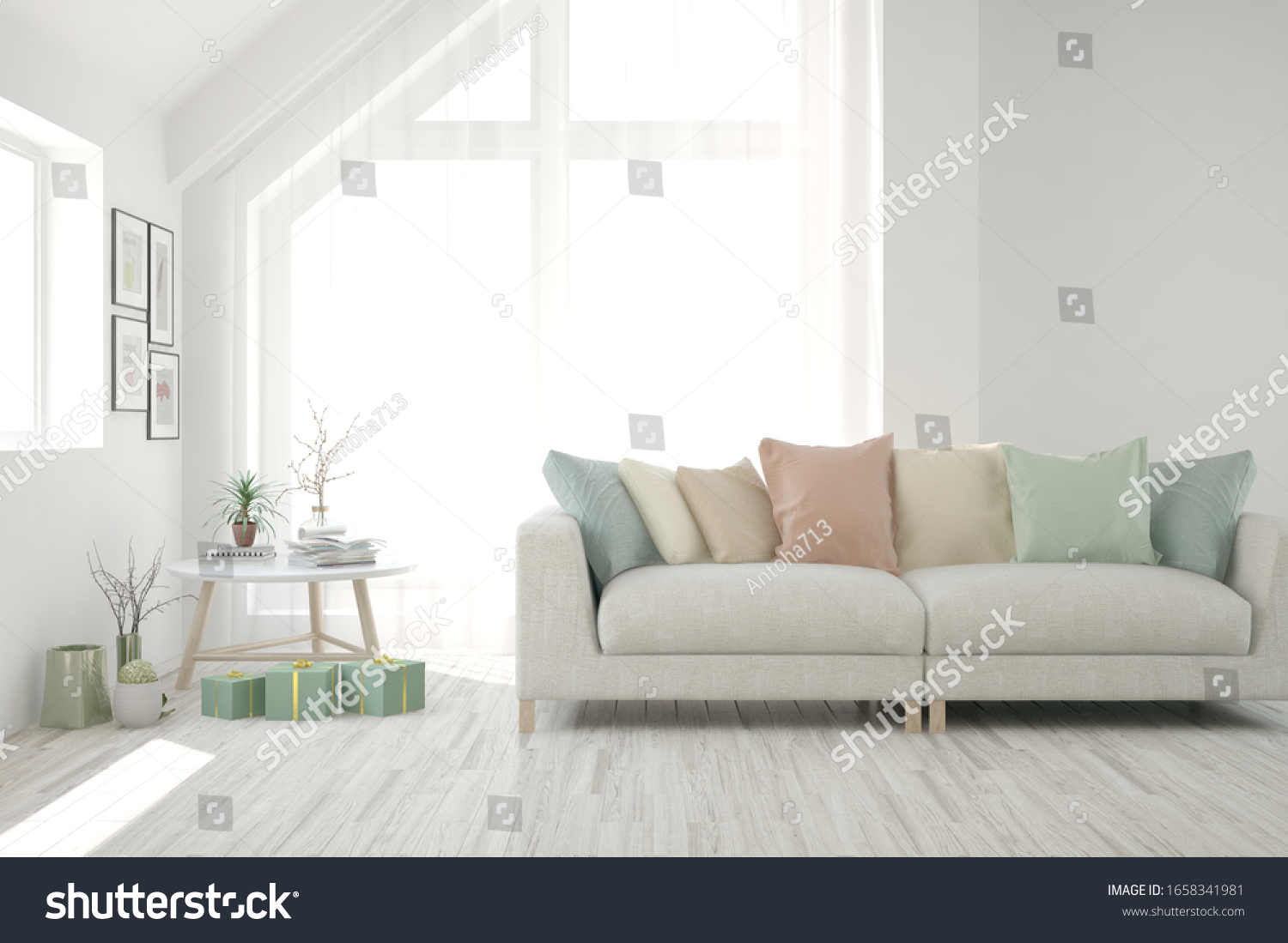 White living room with sofa. Scandinavian interior design. 3D illustration #1658341981