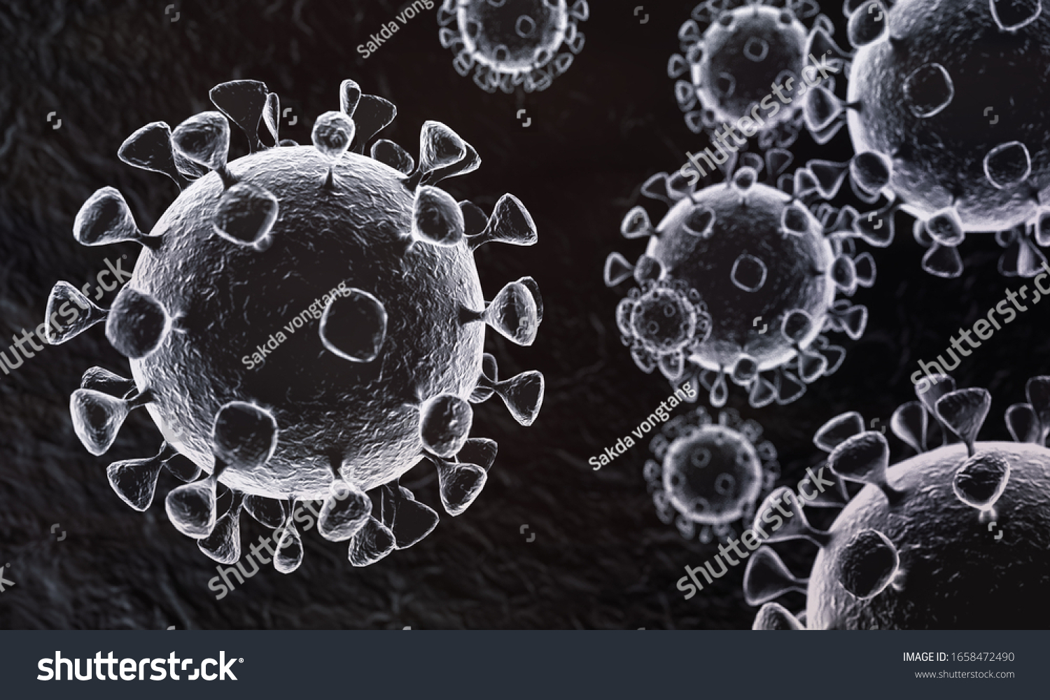 Corona virus strain 2019 (2019-nCoV) 3D medical illustration. Microscopic view of a floating cell, flu virus, corona virus strain syndrome, severe acute respiratory. 3d rendering. #1658472490