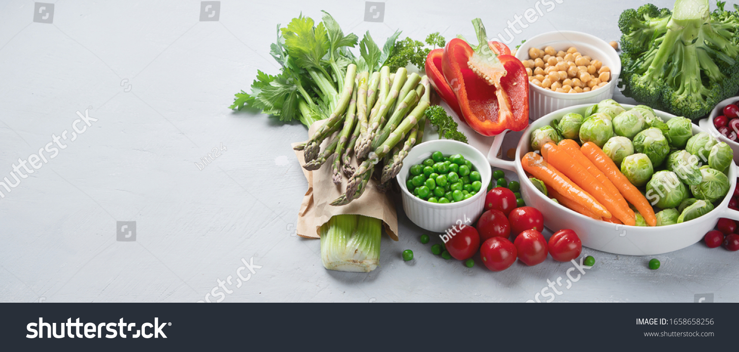 Vegan diet food. Selection of rich fiber sources vegan food.
Foods high in plant based protein, vitamins, minerals, anthocyanins, antioxidants. Panorama, banner with copy space #1658658256