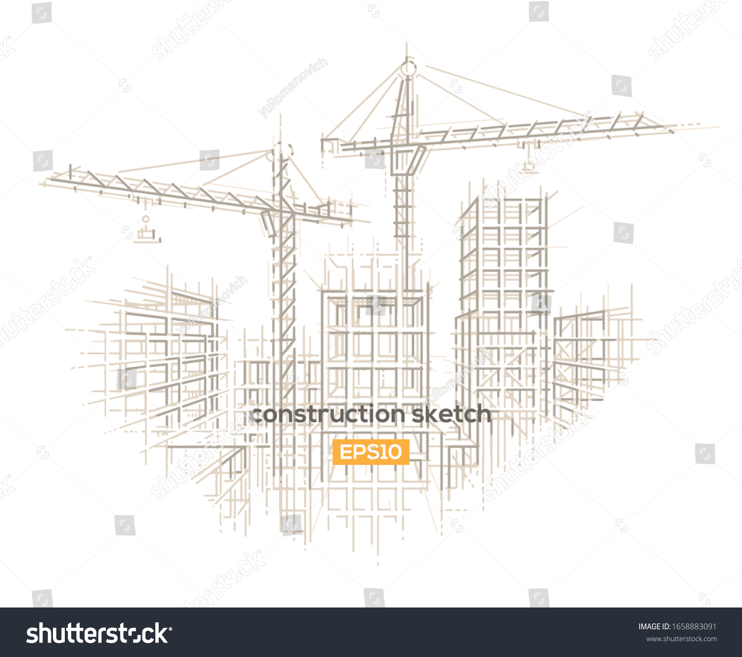 Construction site architectural sketch drawing. Vector, layered.  #1658883091