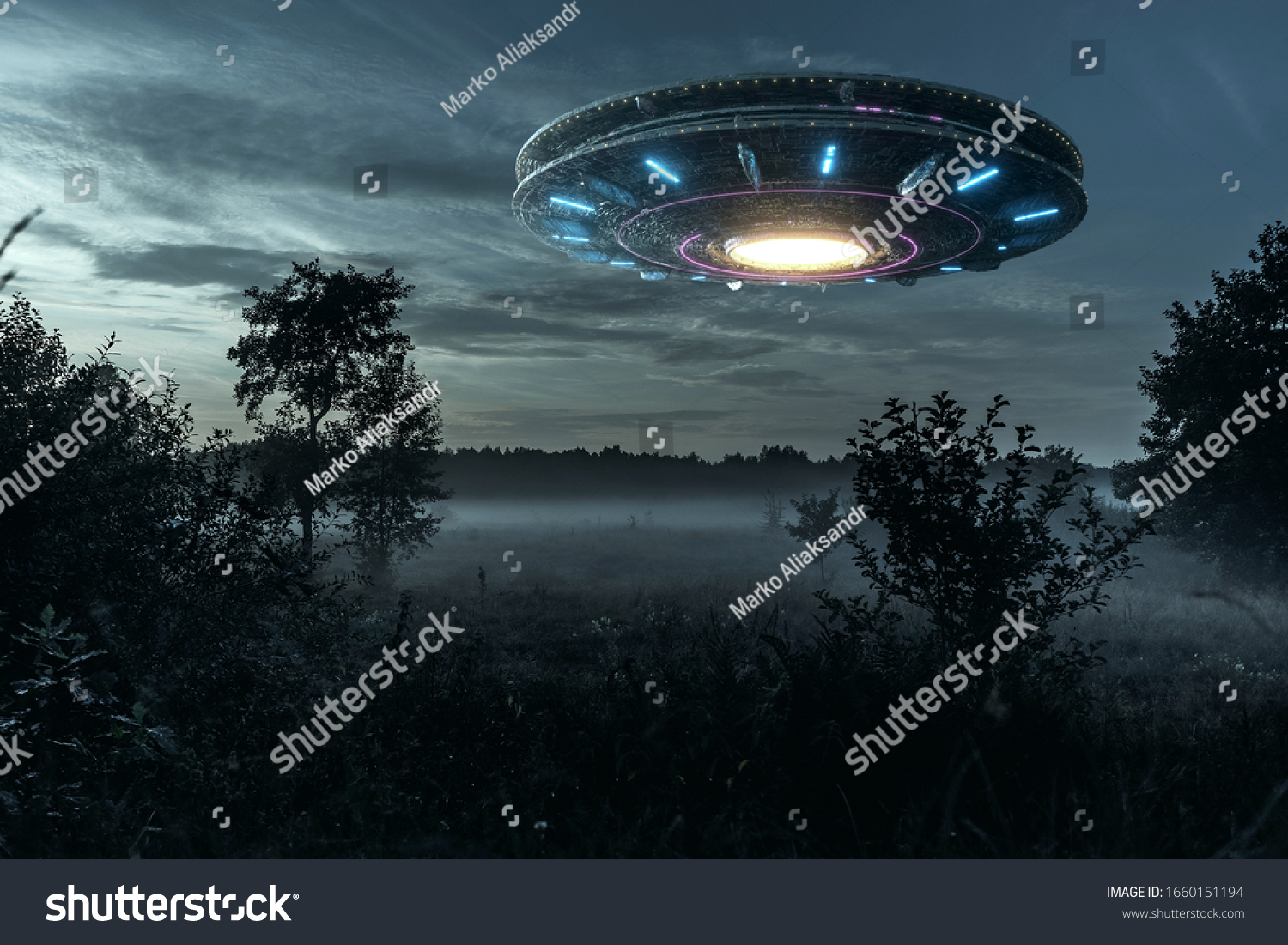 UFO, an alien plate hovering over the field, hovering motionless in the air. Unidentified flying object, alien invasion, extraterrestrial life, space travel, humanoid spaceship mixed medium #1660151194