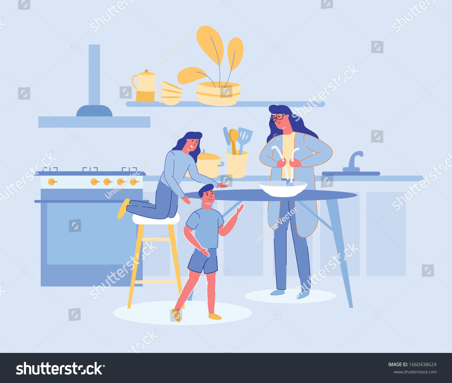 Woman and Children Cartoon Characters Cook in - Royalty Free Stock ...