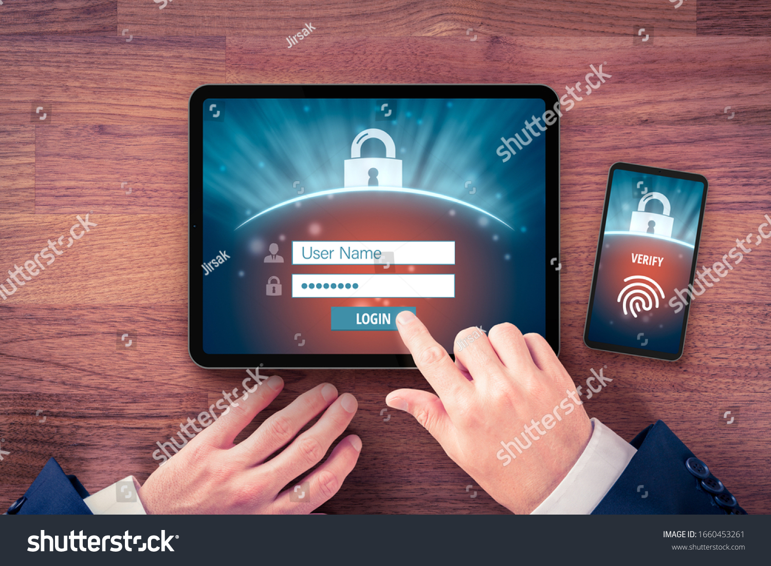 Two-factor authentication (2FA) and fingerprint touch identification security concept. User with digital tablet and smart phone and two-factor authentication security process, flatlay design. #1660453261