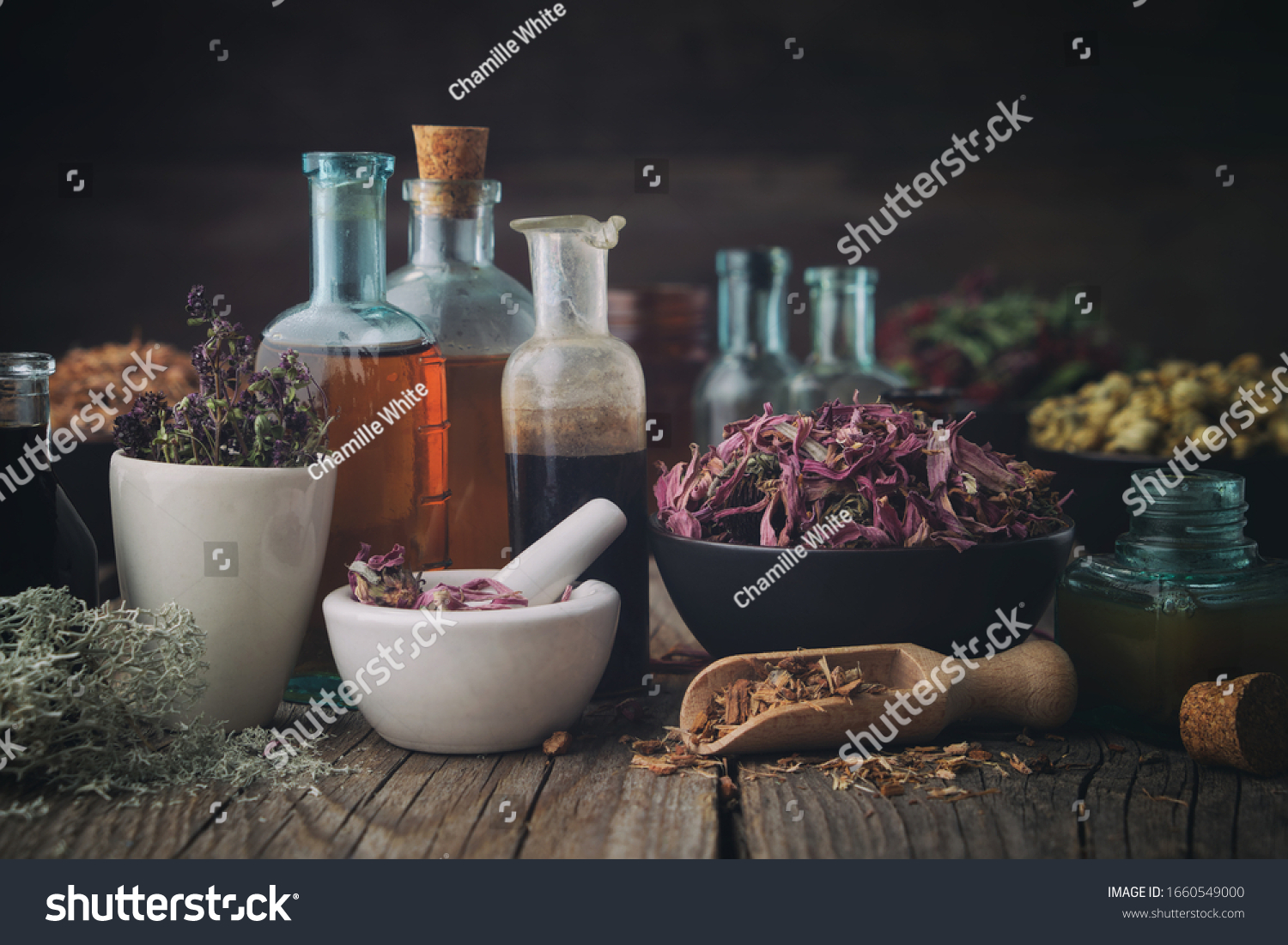 Bottles of healthy tincture or infusion, mortar and bowls of medicinal herbs on wooden table. Herbal medicine. #1660549000