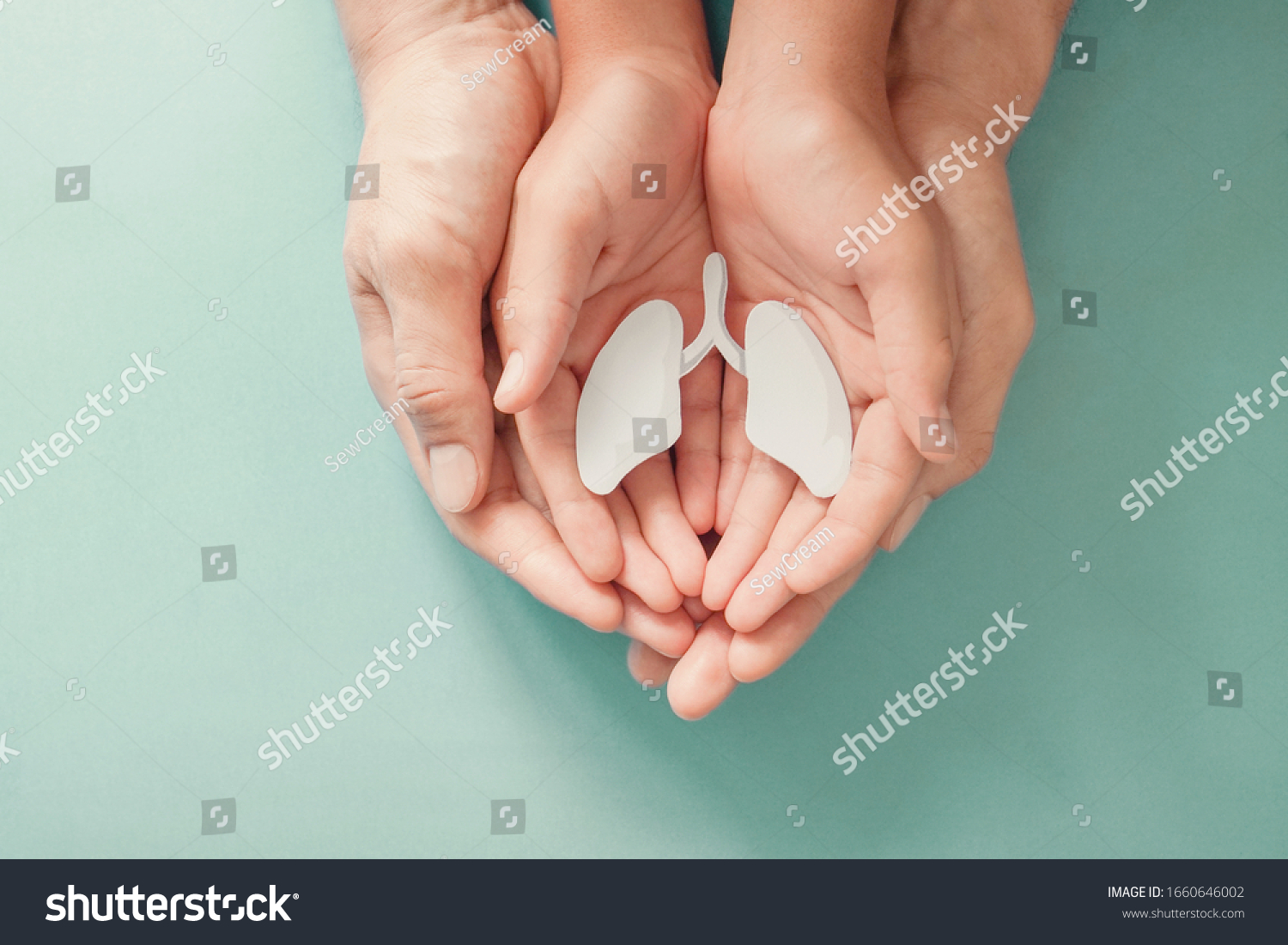 Adult and child hands holding lung, world tuberculosis day, world no tobacco day, COPD, Lung cancer, Pulmonary hypertension, eco air pollution,organ donation, healing concept #1660646002
