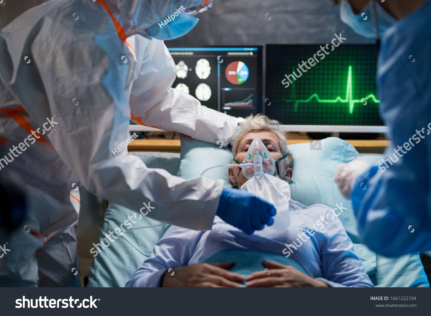Infected patient in quarantine lying in bed in hospital, coronavirus concept. #1661222104