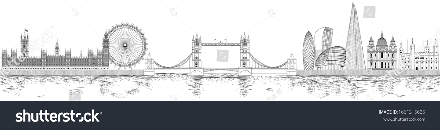 Vector illustration of London skyline in black and white sketch style #1661315635