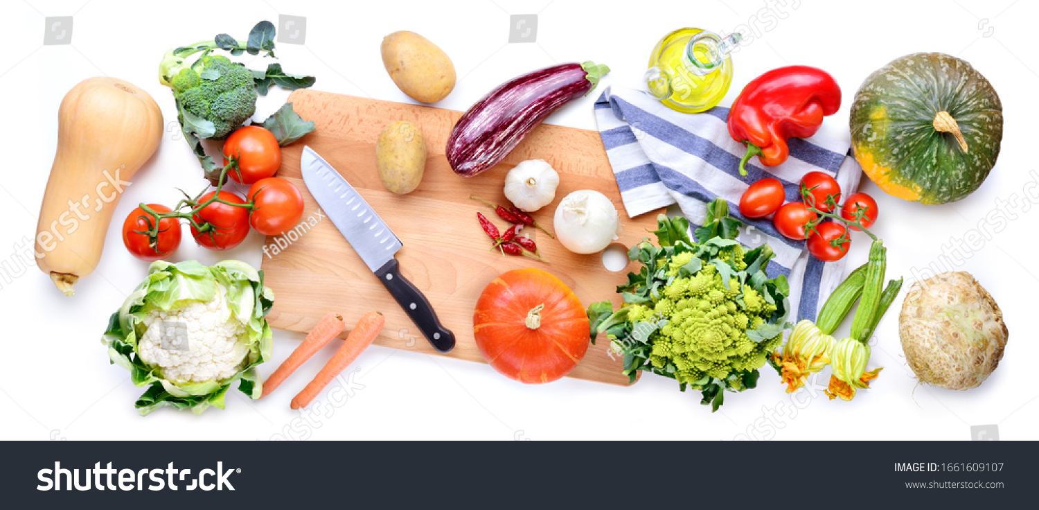 Vegetarian and vegan food. Ingredients. Top view, white background. #1661609107