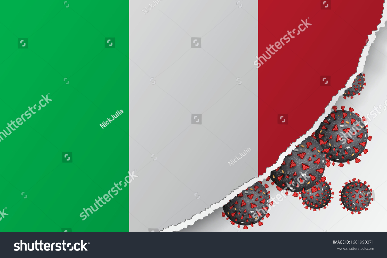 Flag of Italy with outbreak deadly coronavirus covid-19. A large real coronavirus bacteriums against background of the flag of Italy. Concept of coronavirus quarantine. Coronavirus outbreak in Italy. #1661990371