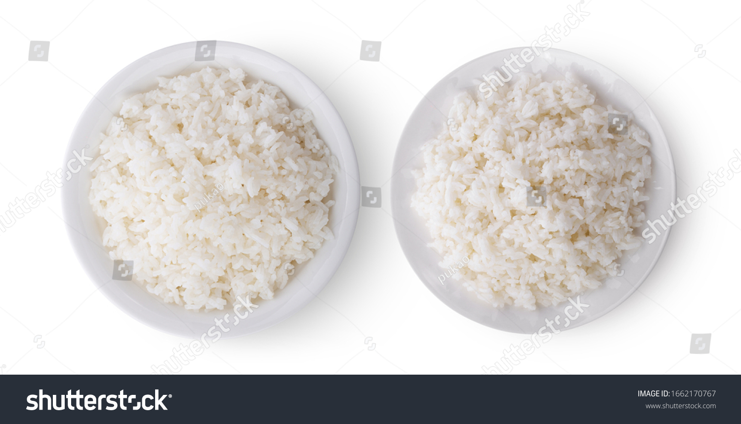 cooked rice in white plate on white background. top view #1662170767