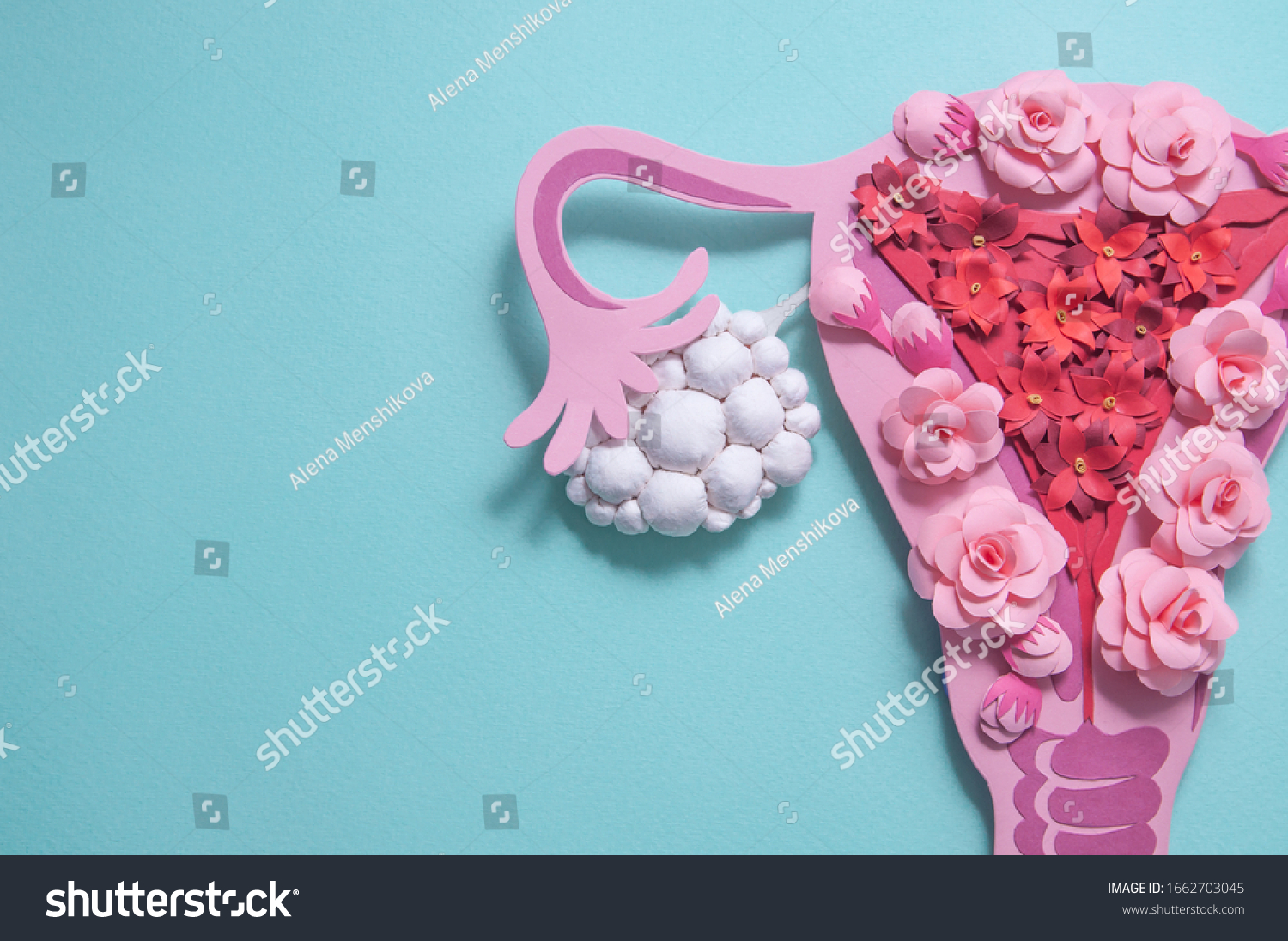 Concept polycystic ovary syndrome, PCOS awareness. Women reproductive system. Paper sculpture with flowers, copyspace #1662703045